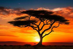 un' maestoso albero in piedi alto nel un' d'oro tramonto campo ai generato foto