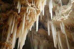 ghiaccioli sospeso a partire dal il soffitto di un' grotta ai generato foto