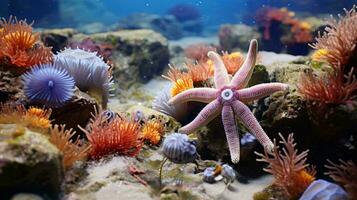 un' stella marina nel un acquario circondato di colorato mare vita ai generato foto