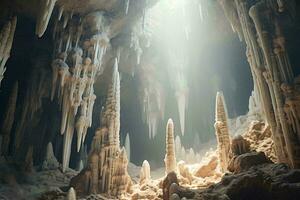un' sbalorditivo metropolitana caverna pieno con intricato stalattite e stalagmite formazioni ai generato foto