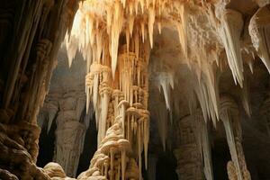 un' mozzafiato grotta pieno con ipnotizzante stalattiti sospeso a partire dal il soffitto ai generato foto