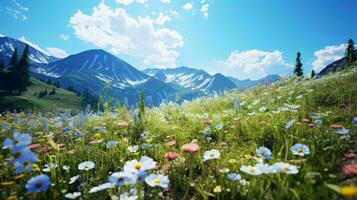 un' colorato campo di fiori selvatici con maestoso montagne nel il sfondo ai generato foto