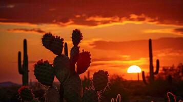 un' colorato tramonto dietro a un' maestoso deserto cactus ai generato foto