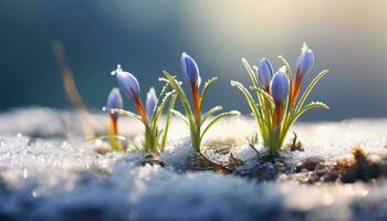 piccolo blu fiori fioritura su un' nevoso paesaggio ai generato foto