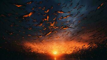 un' ipnotizzante gregge di uccelli nel volo al di sopra di un' sereno corpo di acqua ai generato foto