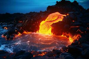 un' ipnotizzante lava flusso illuminante il oceano a notte ai generato foto