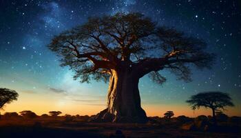 un' maestoso bao albero in piedi alto sotto il stellato notte cielo ai generato foto