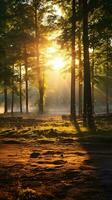 luce del sole streaming attraverso alberi nel un' parco ai generato foto
