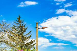 palo elettrico di potenza con filo di linea su sfondo colorato da vicino foto