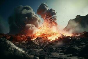 un' eruzione vulcano vomitando lava in il cielo ai generato foto