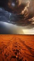 un' drammatico tempesta rotolamento nel al di sopra di un' sterile deserto paesaggio ai generato foto