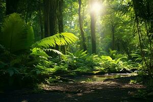 luce del sole streaming attraverso alberi nel un' lussureggiante foresta ai generato foto