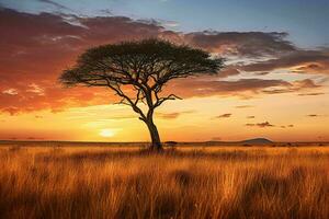 un' solitario albero nel un' vasto campo ai generato foto