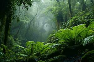 un' denso foresta con un abbondanza di verde alberi ai generato foto