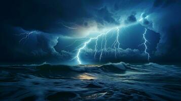 un' drammatico fulmine tempesta illuminante il tempestoso oceano a notte ai generato foto