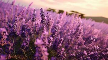 un' pittoresco lavanda campo a tramonto ai generato foto