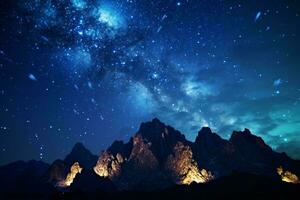 un' mozzafiato stellato notte cielo al di sopra di maestoso montagne ai generato foto