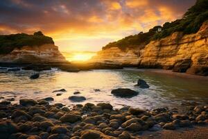 un' mozzafiato tramonto al di sopra di un' sereno roccioso spiaggia ai generato foto