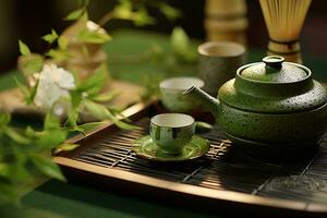 un' tradizionale verde tè impostato su un' bambù vassoio ai generato foto