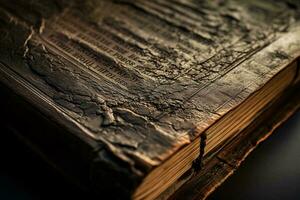 un antico libro riposo su un' di legno tavolo ai generato foto