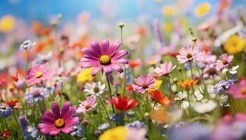 un' vivace campo di fiori su un' soleggiato giorno ai generato foto