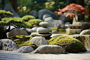 un' sereno roccia giardino con lussureggiante coperto di muschio rocce ai generato foto