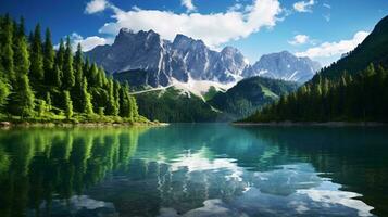 un' sereno lago annidato tra maestoso montagne e lussureggiante verde alberi sotto un' chiaro blu cielo ai generato foto
