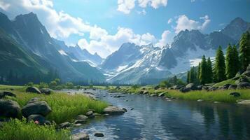 un' pittoresco montagna paesaggio con un' serpeggiante fiume ai generato foto