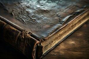 un antico libro riposo su un' rustico di legno tavolo ai generato foto