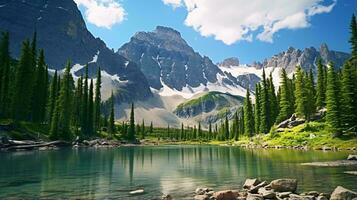 un' sereno montagna lago circondato di torreggiante pino alberi ai generato foto