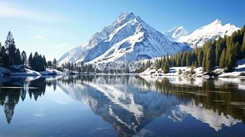 un' tranquillo lago riflettendo il maestoso bellezza di un' montagna gamma ai generato foto