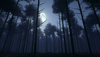 un' pieno Luna illuminante un' mistico foresta a notte ai generato foto