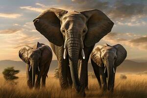 elefanti a piedi attraverso un' asciutto erba campo ai generato foto