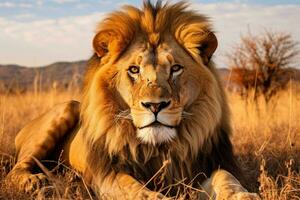 un' maestoso Leone riposo nel un' vasto campo ai generato foto