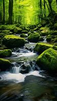 un' ruscello di acqua circondato di verde alberi ai generato foto