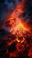 un' vulcano eruzione a notte ai generato foto