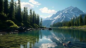 un' lago con alberi e montagne nel il sfondo ai generato foto