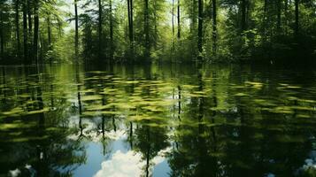 un' corpo di acqua con alberi in giro esso ai generato foto