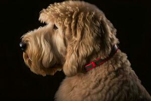 d'oro labradoodle cane su un' nero sfondo. neurale Rete ai generato foto