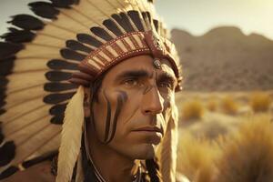 nativo americani. ritratto di Gli americani indiano uomo. neurale Rete ai generato foto