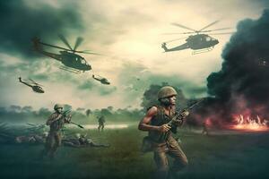 Vietnam guerra con elicotteri e esplosioni. neurale Rete ai generato foto