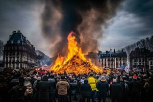 protesta nel il città e fuoco, colpire. neurale Rete ai generato foto