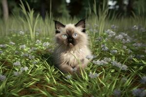carino poco gattino a piedi nel il giardino. neurale Rete ai generato foto
