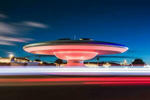 ufo navicella spaziale al di sopra di il città. neurale Rete ai generato foto