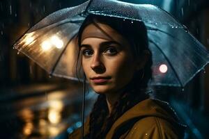 ritratto di un' ragazza con un ombrello nel il pioggia. neurale Rete ai generato foto