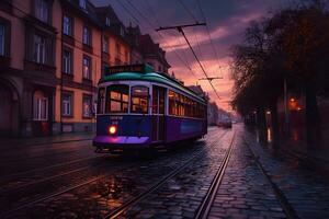 retrò tram nel europeo città. neurale Rete ai generato foto