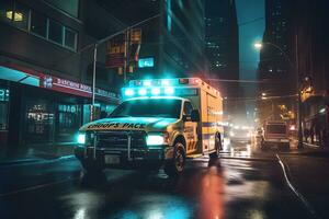 ambulanza va su il notte piovoso città. neurale Rete ai generato foto