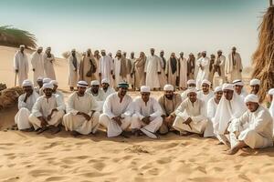 molti arabo uomini nel il deserto. neurale Rete ai generato foto