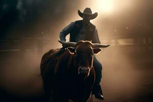 cowboy su cavallo lassoing toro, neurale Rete ai generato foto