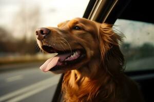 divertente cane su di auto finestra. neurale Rete ai generato foto